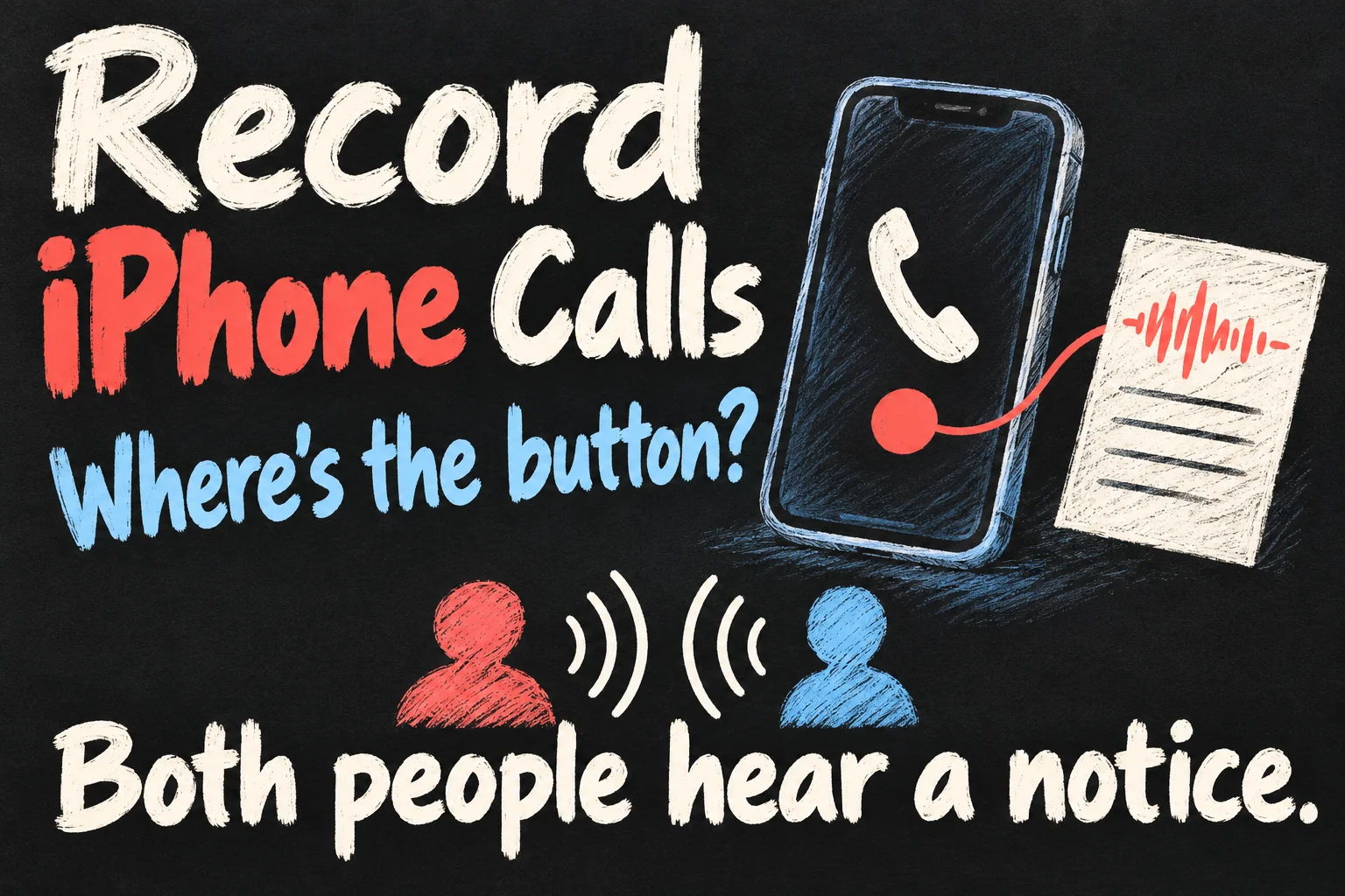 Record a phone call on iPhone with an audible notice for both people, illustrated with a phone and saved note