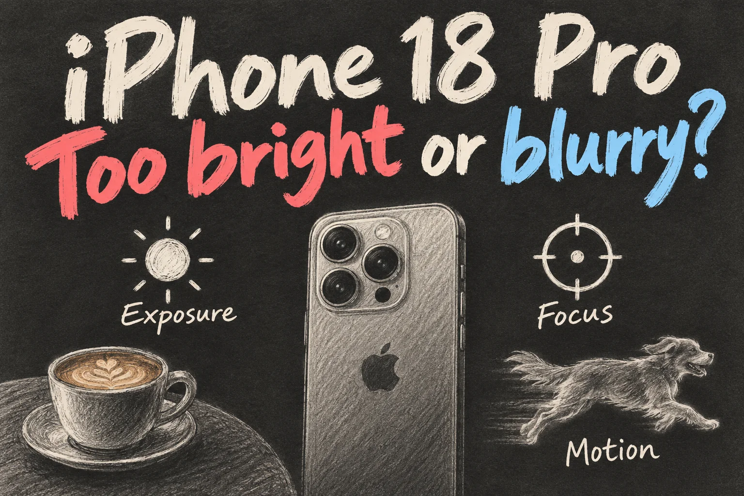 AI-generated iPhone 18 Pro camera settings illustration distinguishing exposure, focus and subject motion when diagnosing bright or blurry photos.
