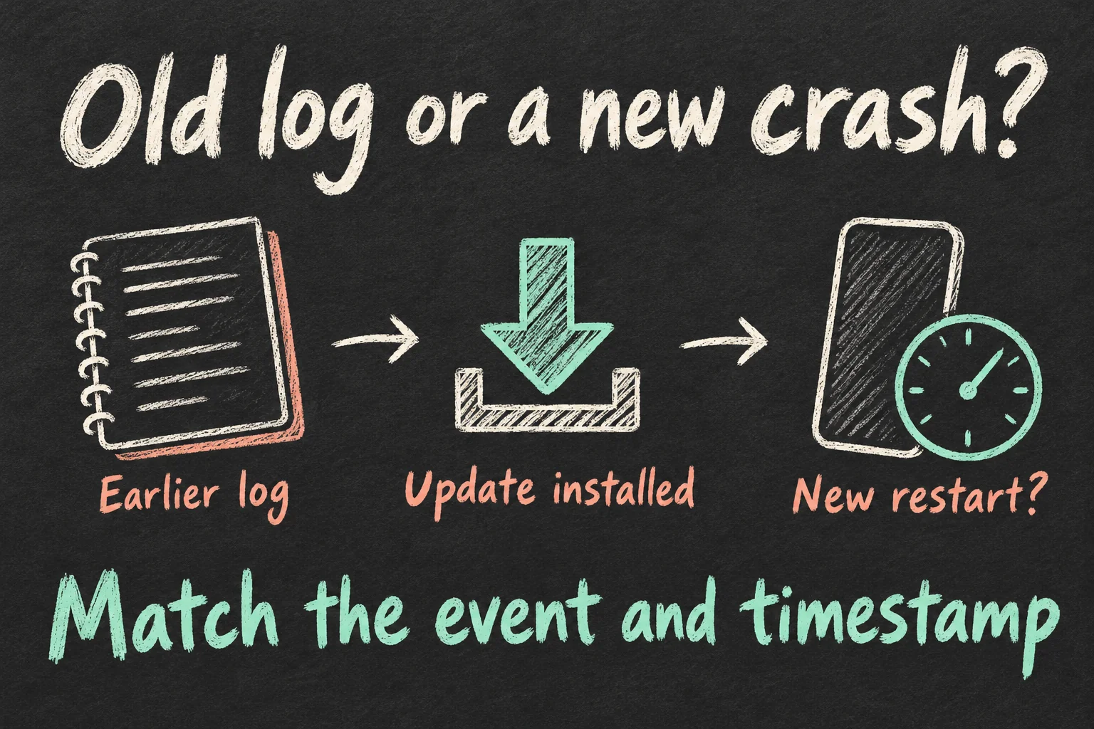 AI-generated concept timeline distinguishing an earlier log, installation of an update and a possible new restart, with matching event timestamps as the key check.