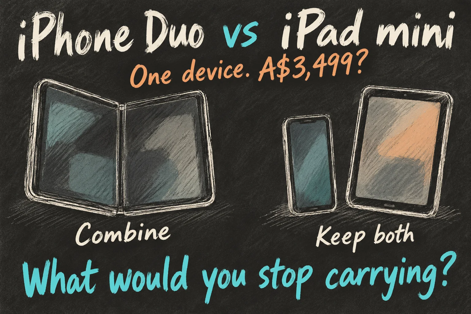 AI-generated generic device sketches comparing an iPhone Duo purchase with keeping a separate phone and iPad mini, asking what the buyer would stop carrying.