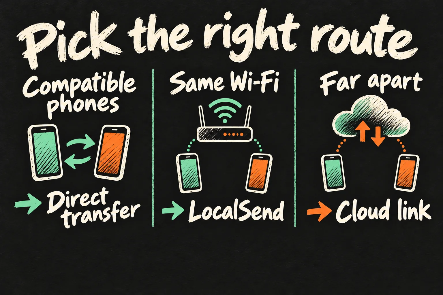 File-sharing decision diagram comparing compatible-phone direct transfer, LocalSend on Wi-Fi and a remote cloud link