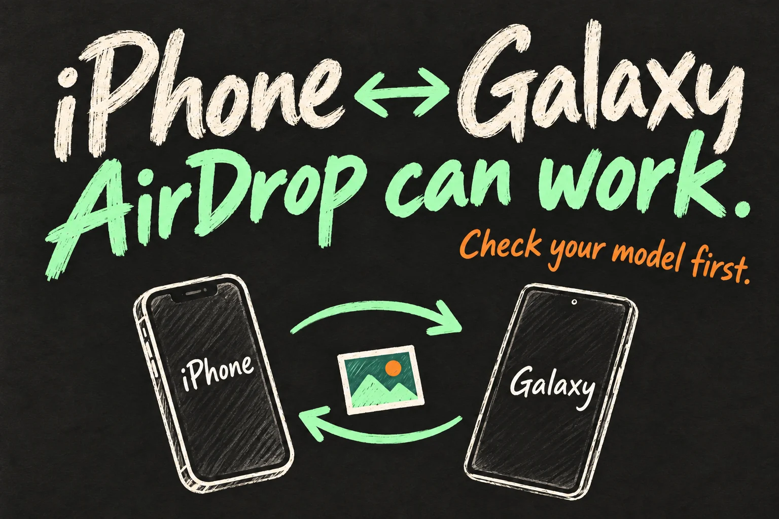 iPhone and Galaxy sketches exchanging a photo with a reminder to check AirDrop compatibility first