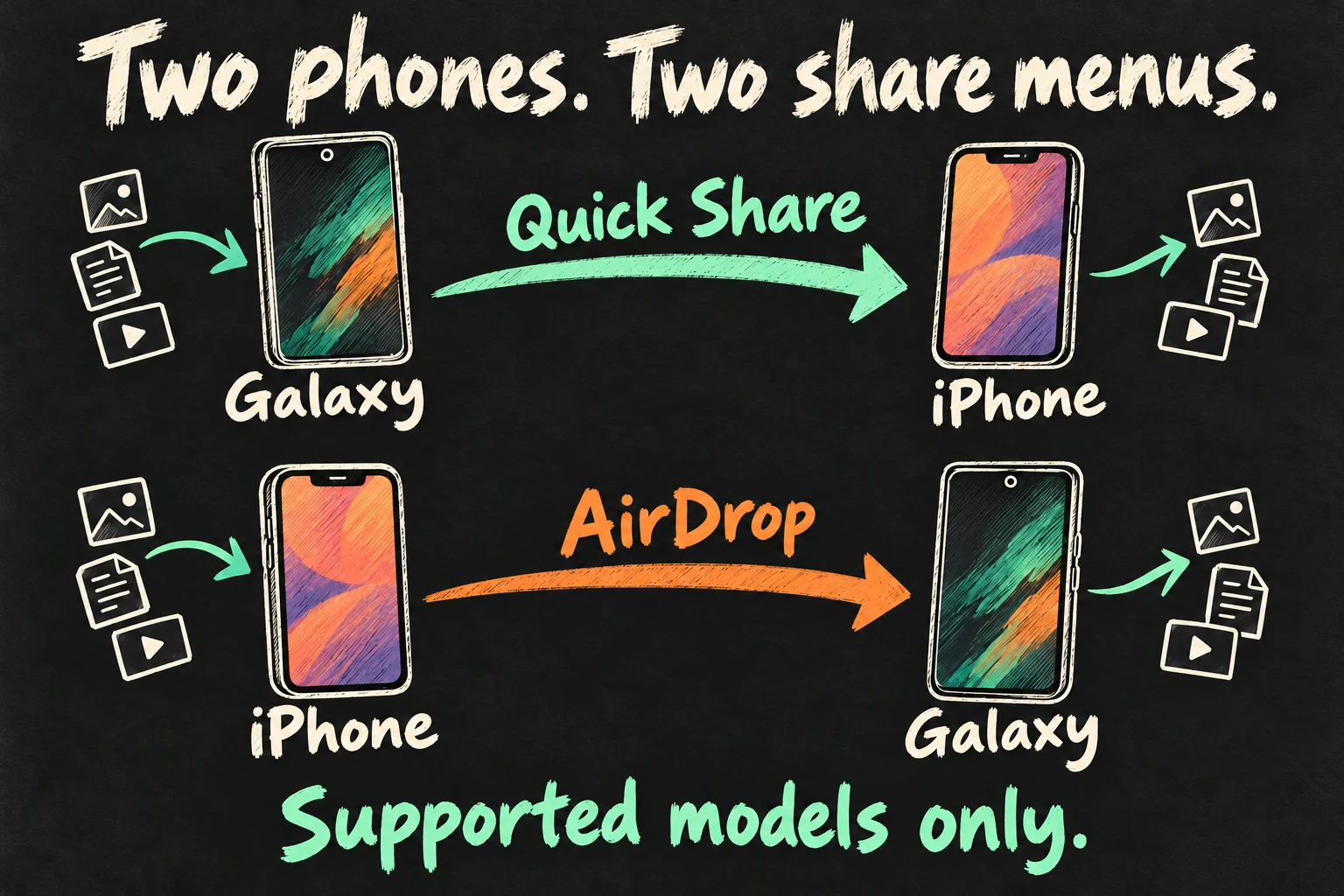 iPhone to Samsung AirDrop and Quick Share to iPhone shown as opposite sending menus on supported phones