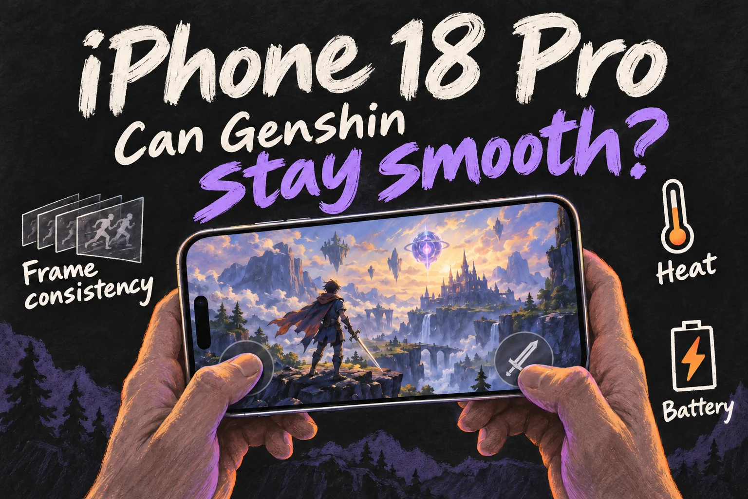 AI-generated iPhone 18 Pro gaming concept highlighting frame consistency, heat and battery use when assessing Genshin performance.