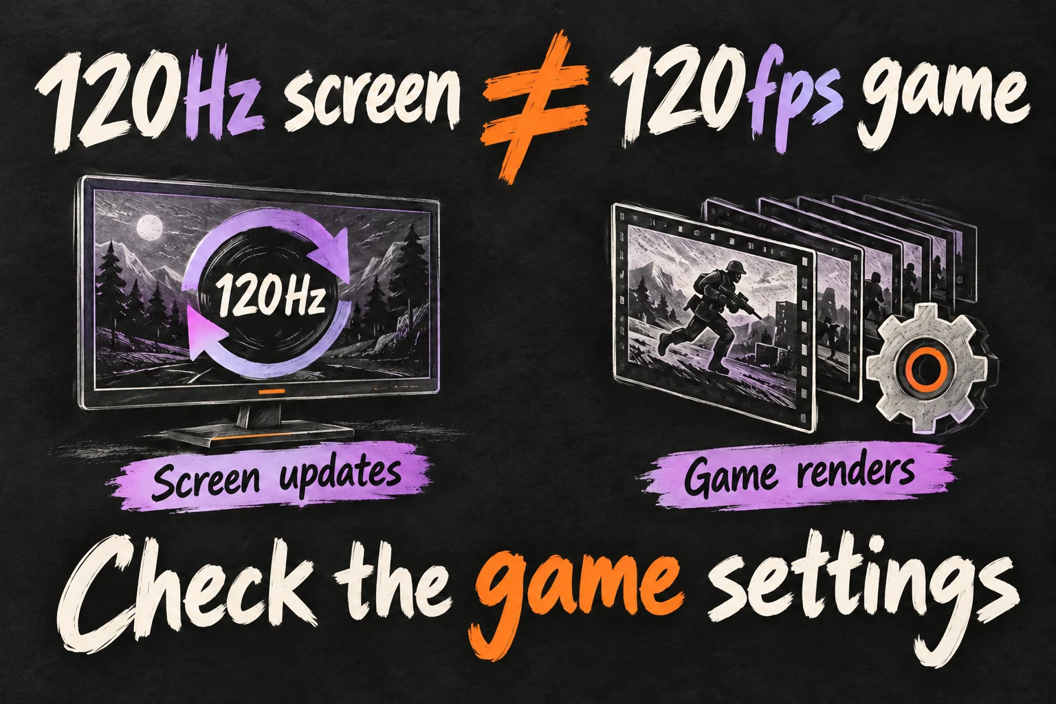 AI-generated diagram explaining that a 120Hz screen refresh rate does not guarantee a game renders at 120fps.