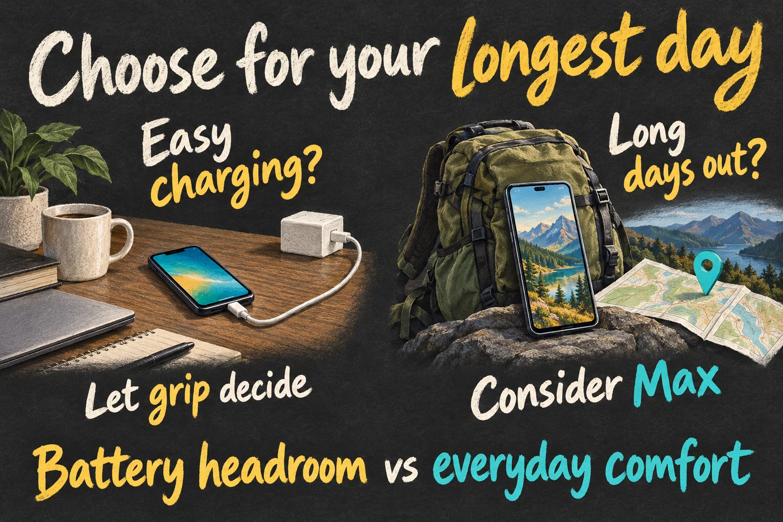 AI-generated buying decision illustration comparing easy access to charging with long days out when choosing iPhone Pro or Pro Max.
