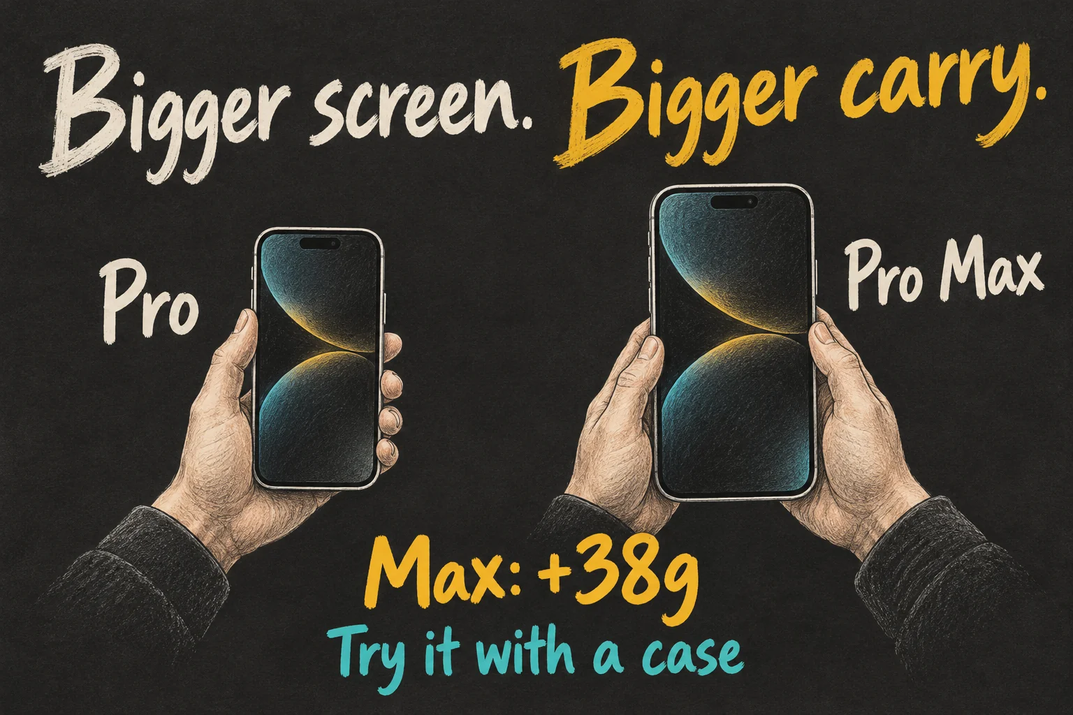 AI-generated illustration comparing smaller and larger iPhone handling, showing that the Pro Max is 38g heavier before adding a case.