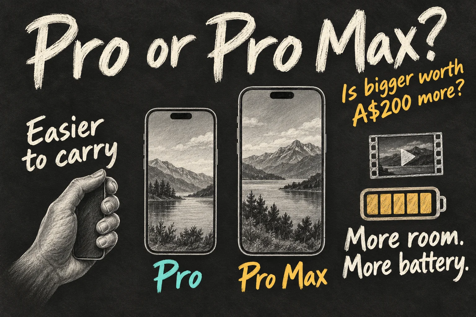 AI-generated iPhone 18 Pro versus Pro Max illustration comparing easier carrying with a larger screen and more battery headroom at an A$200 price difference.