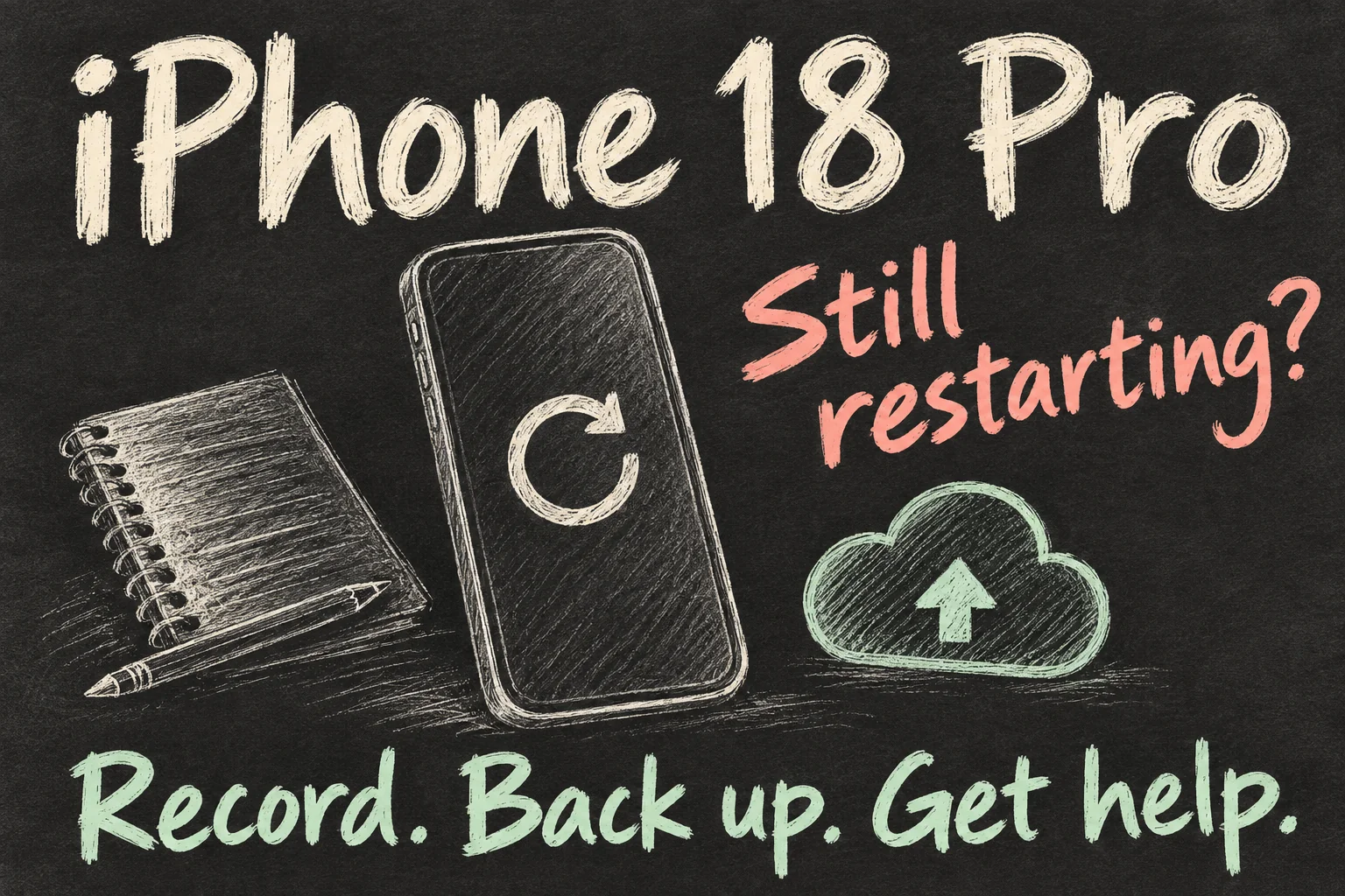 AI-generated generic phone sketch introducing repeated iPhone restarts and the steps to record the event, check a backup and get support.