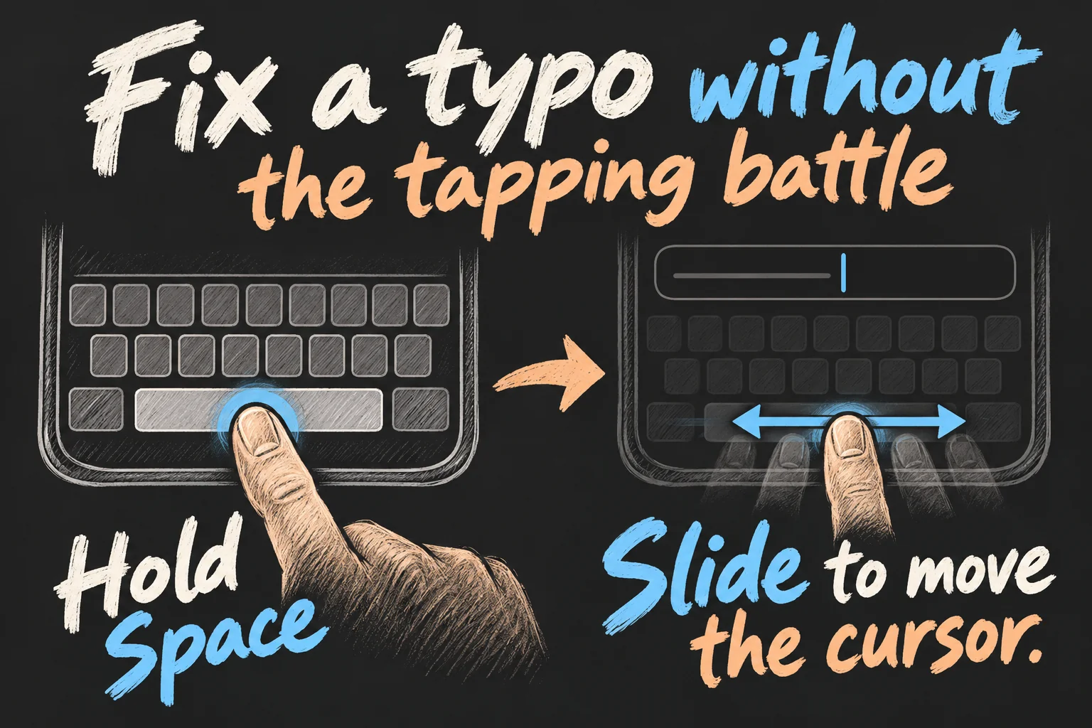 AI-generated two-stage keyboard gesture sketch showing a finger holding Space and then sliding across faded keys to reposition the text cursor.