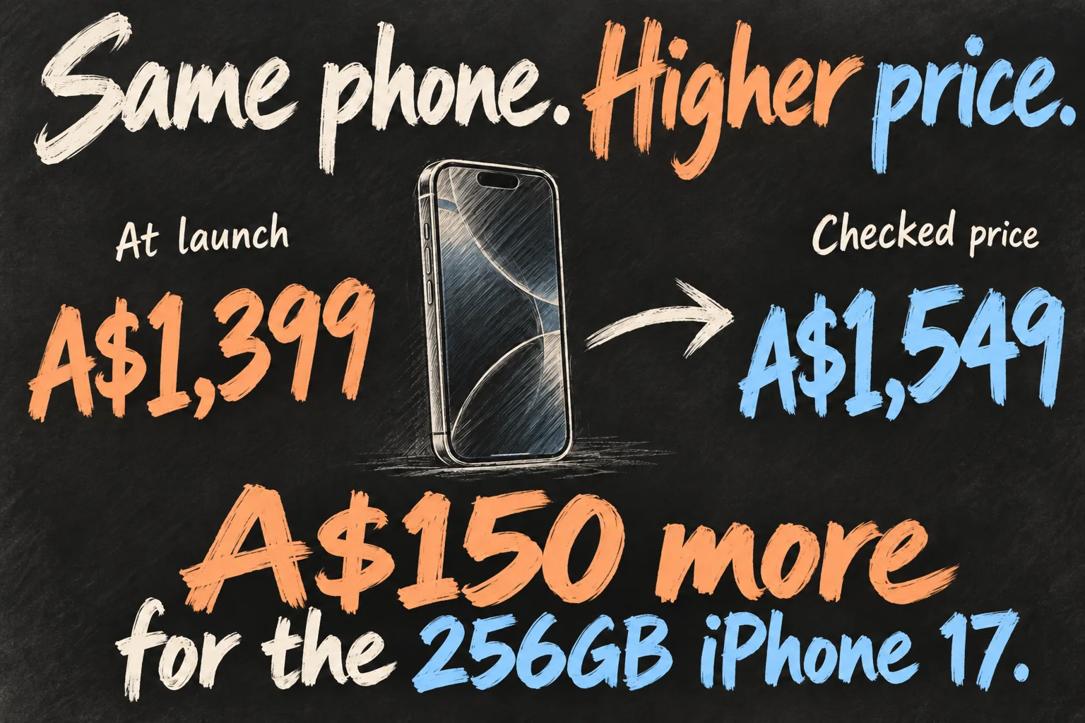 AI-generated price timeline showing the 256GB iPhone 17 rising from A$1,399 at launch to A$1,549 when checked, an A$150 increase.