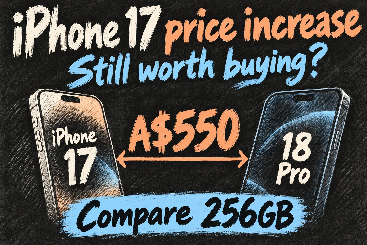 AI-generated pencil sketch comparing iPhone 17 and iPhone 18 Pro with an A$550 gap at 256GB in the article’s dated Australian price comparison.