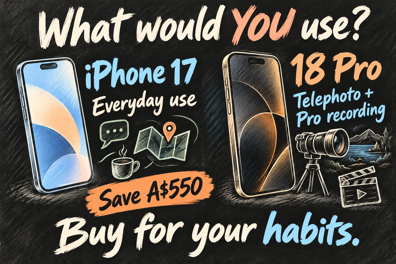 AI-generated buying guide contrasting everyday use and an A$550 saving with telephoto and professional recording needs.