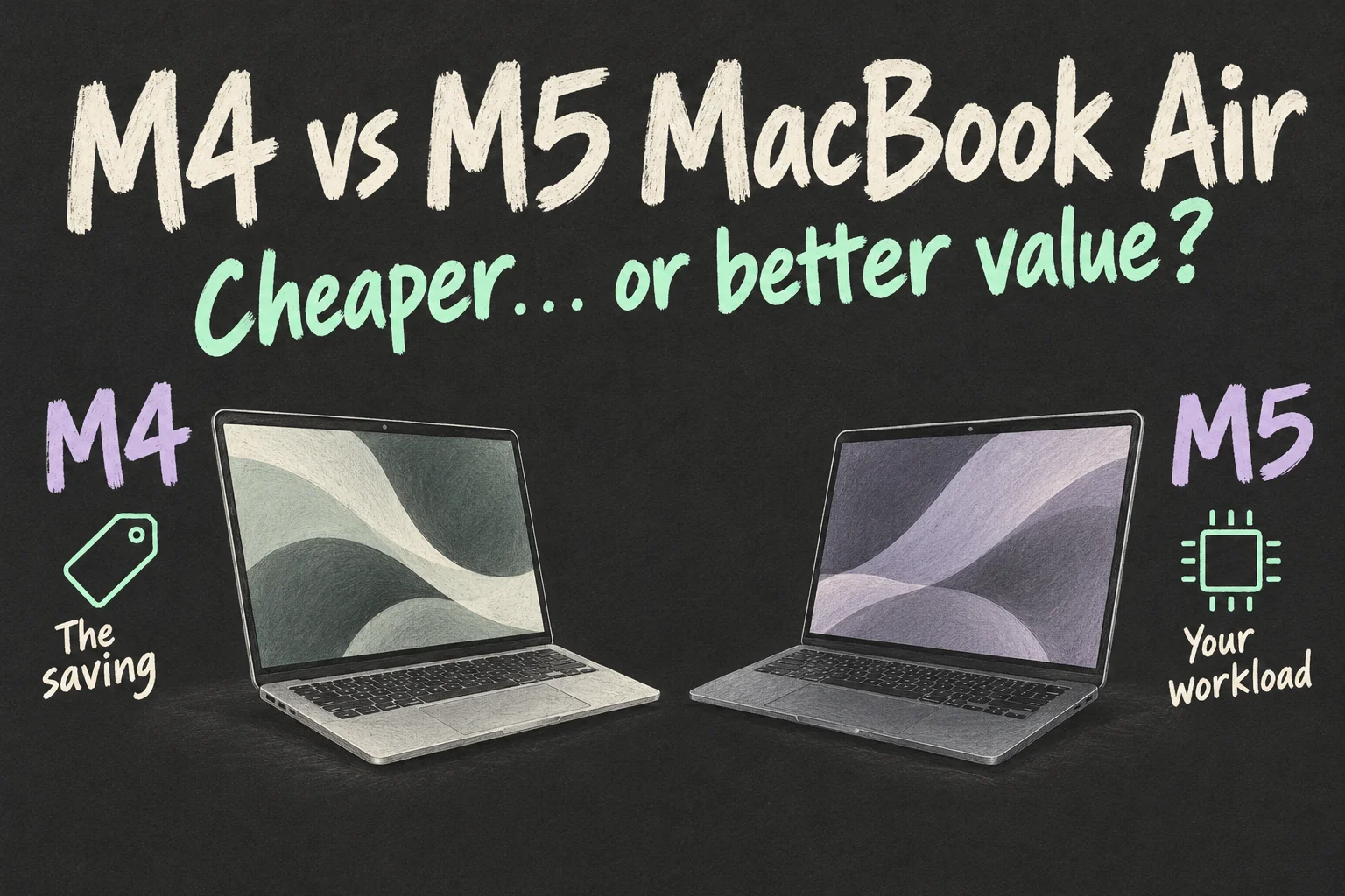 AI-generated M4 versus M5 MacBook Air buying-guide illustration weighing the saving against the improvements relevant to your workload.
