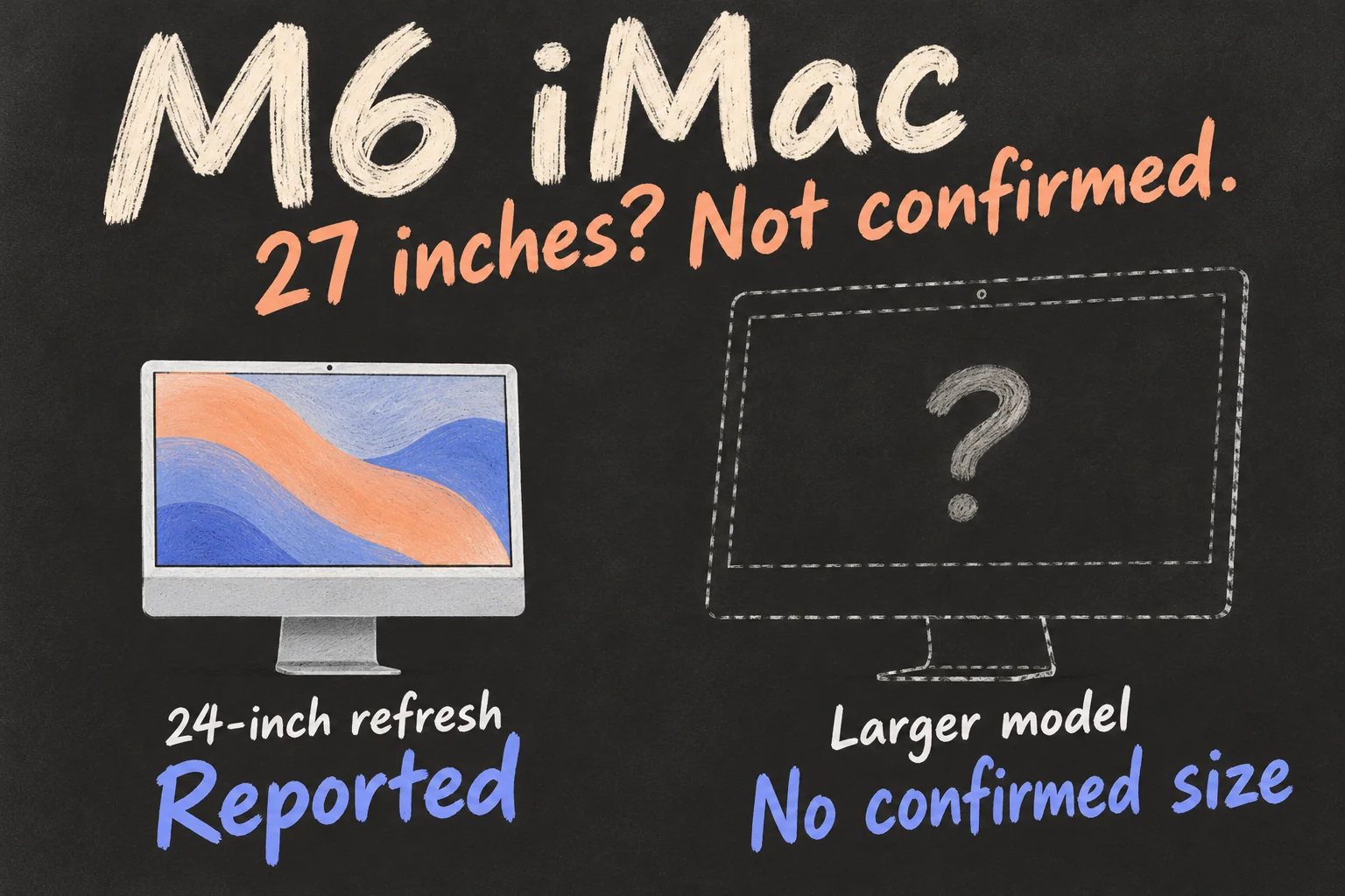 AI-generated concept illustration distinguishing a reported 24-inch M6 iMac refresh from a hypothetical larger model with no confirmed screen size.