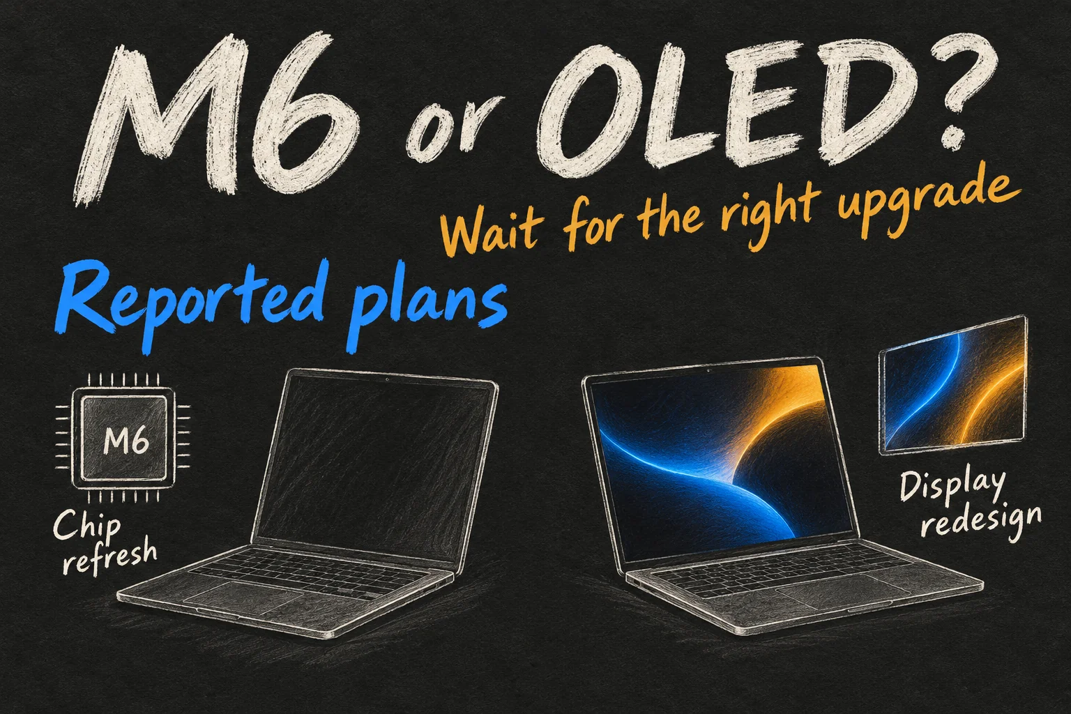 AI-generated concept illustration distinguishing a reported M6 MacBook Pro chip refresh from an OLED display redesign, labelled as reported plans.