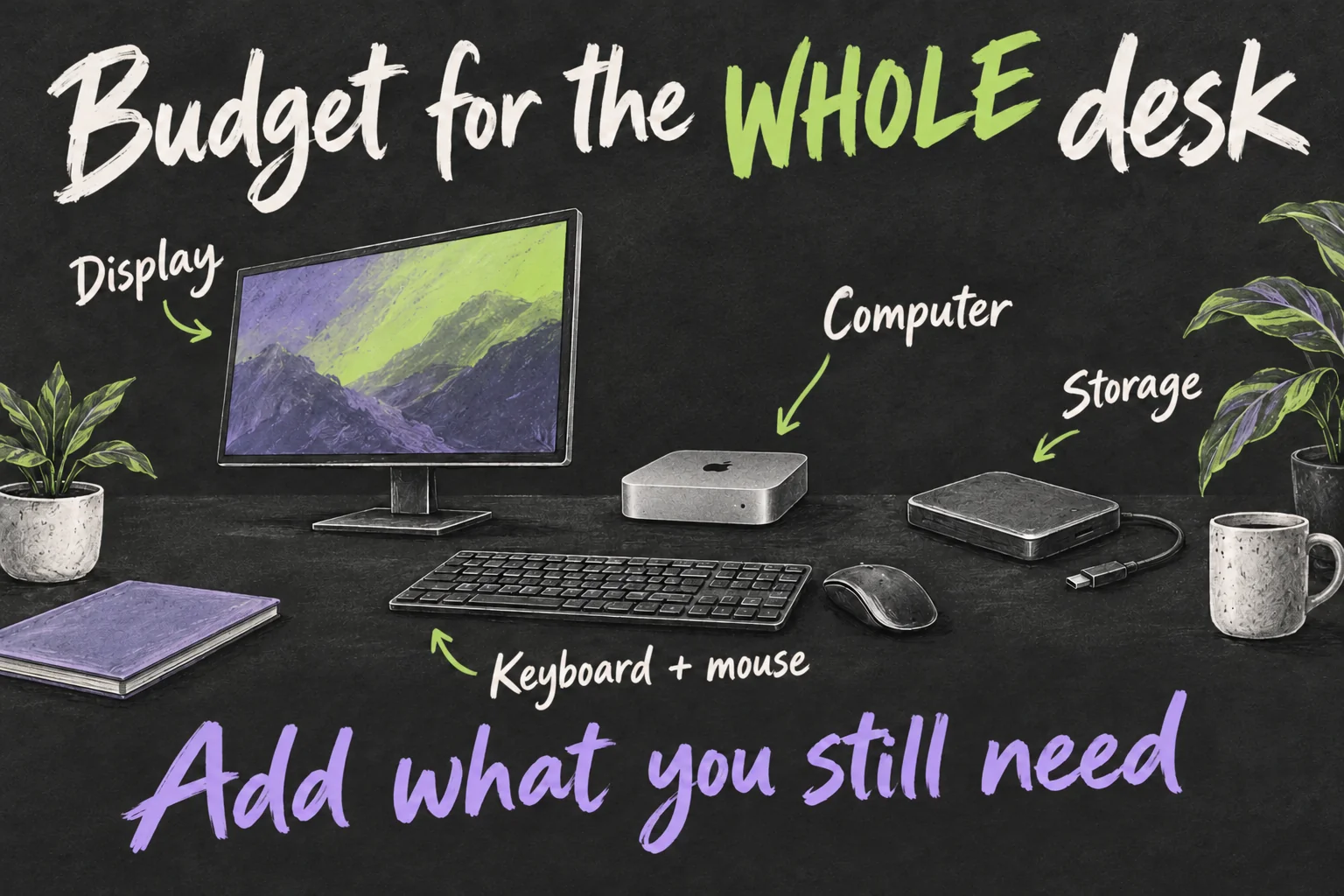 AI-generated Mac mini desk budget illustration showing the computer, display, keyboard and mouse, and storage as separate costs to consider.