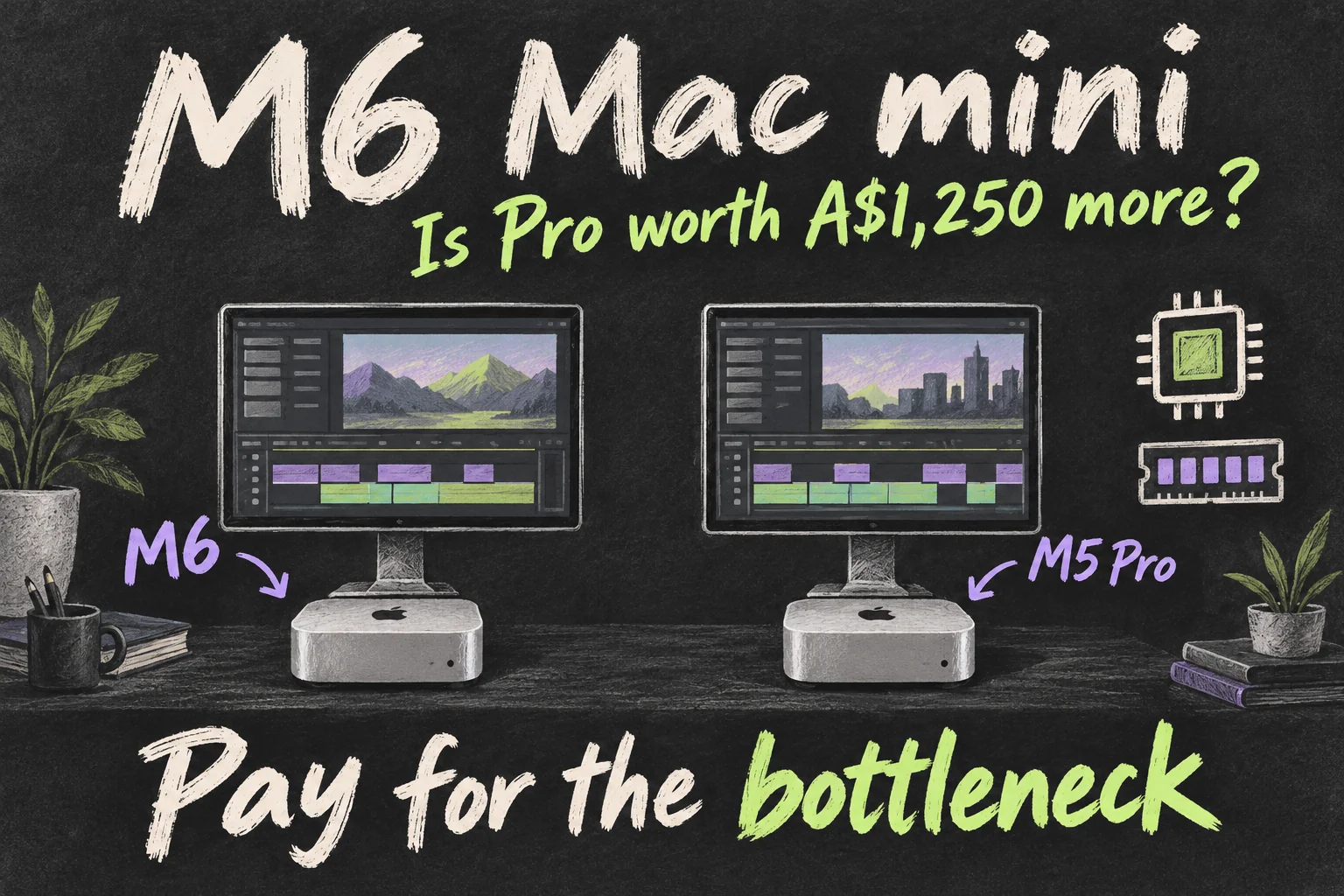 AI-generated Mac mini editing comparison between standard M6 and M5 Pro, asking whether the higher starting price is worth A$1,250 for the workload.