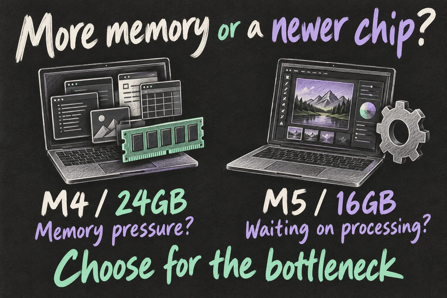 AI-generated conceptual choice between an M4 MacBook Air with 24GB memory and an M5 with 16GB, depending on memory pressure or processing waits.