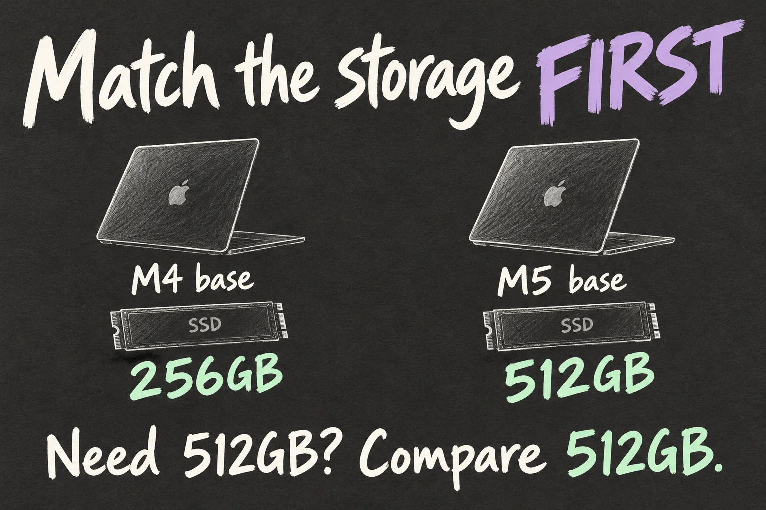 AI-generated comparison of the original M4 MacBook Air 256GB base storage with the M5 512GB base, advising buyers to compare matching storage needs.