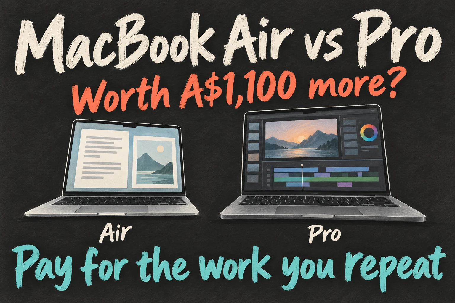 AI-generated MacBook Air versus Pro illustration asking whether the Pro is worth an A$1,100 higher starting price for the work you regularly repeat.