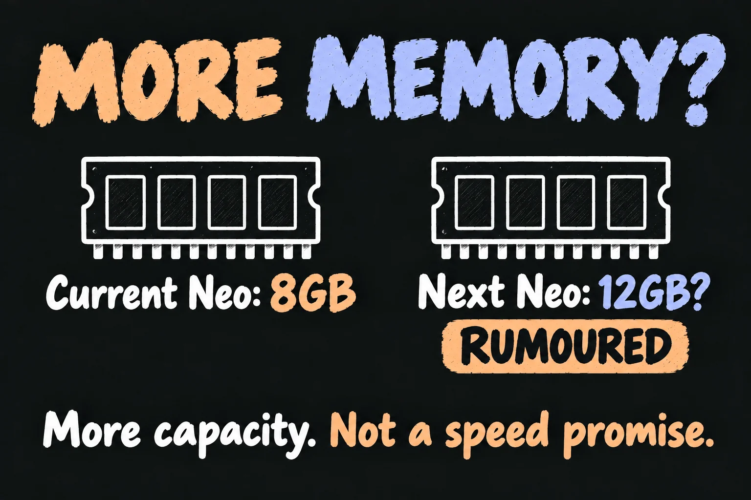AI-generated MacBook Neo 2 RAM comparison: the current Neo has 8GB, while 12GB for its successor is rumoured; capacity does not establish a measured speed gain.