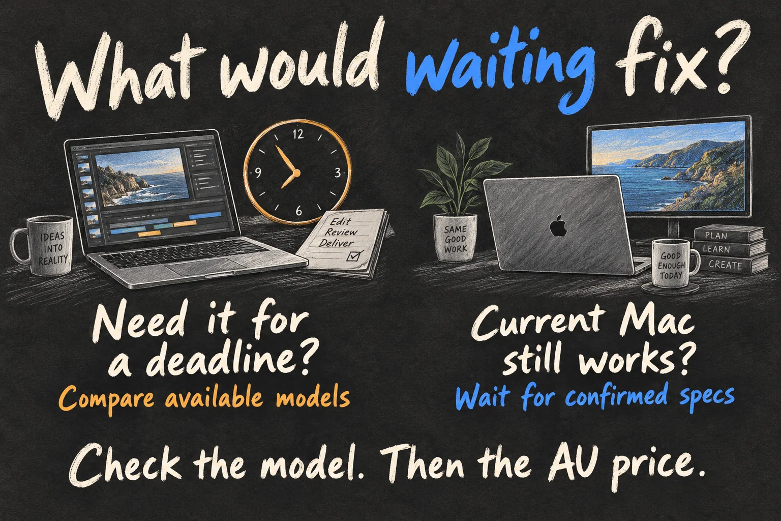AI-generated MacBook buying decision illustration comparing an urgent deadline with waiting for confirmed model specifications and Australian pricing.