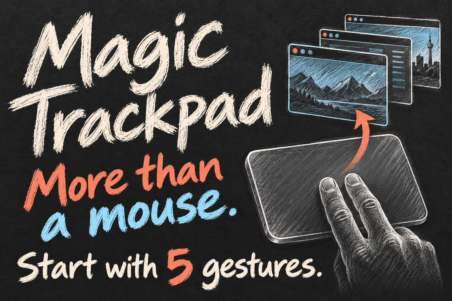 How to use Magic Trackpad concept sketch showing an external trackpad and Mac window navigation