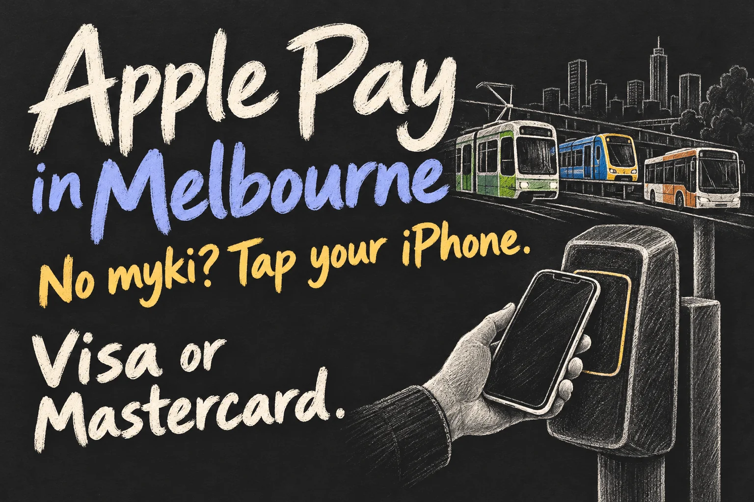 Apple Pay in Melbourne concept showing an iPhone at a ticket reader with tram, train and bus sketches