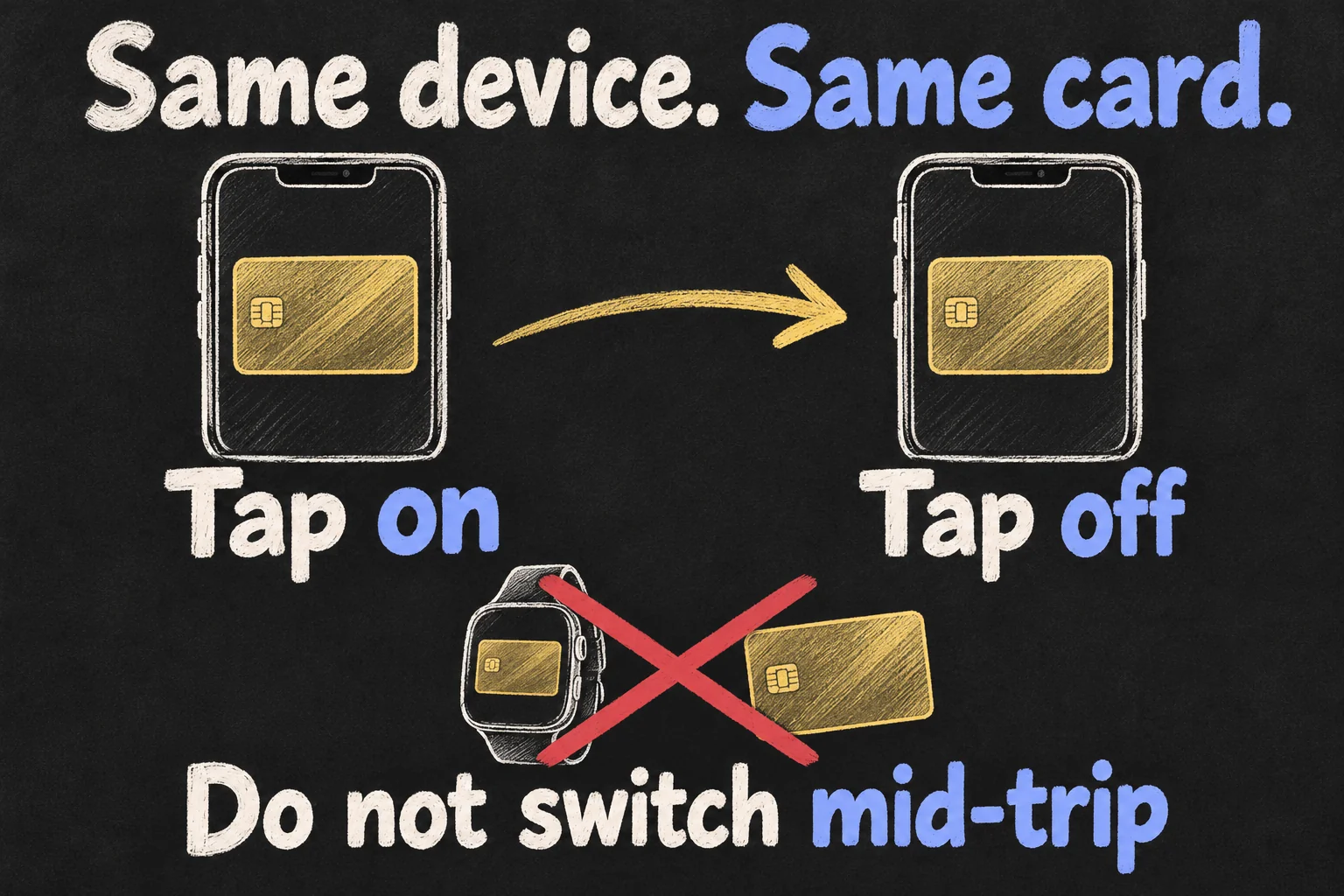 Apple Pay in Melbourne diagram showing the same iPhone and selected card for tap-on and tap-off