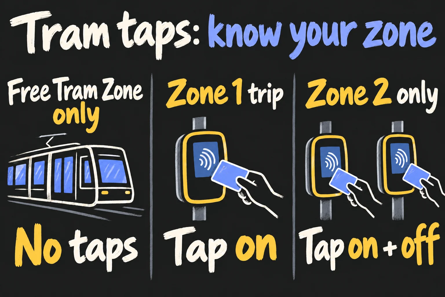 Melbourne public transport tram tap rules for Free Tram Zone, Zone 1 and Zone 2-only journeys