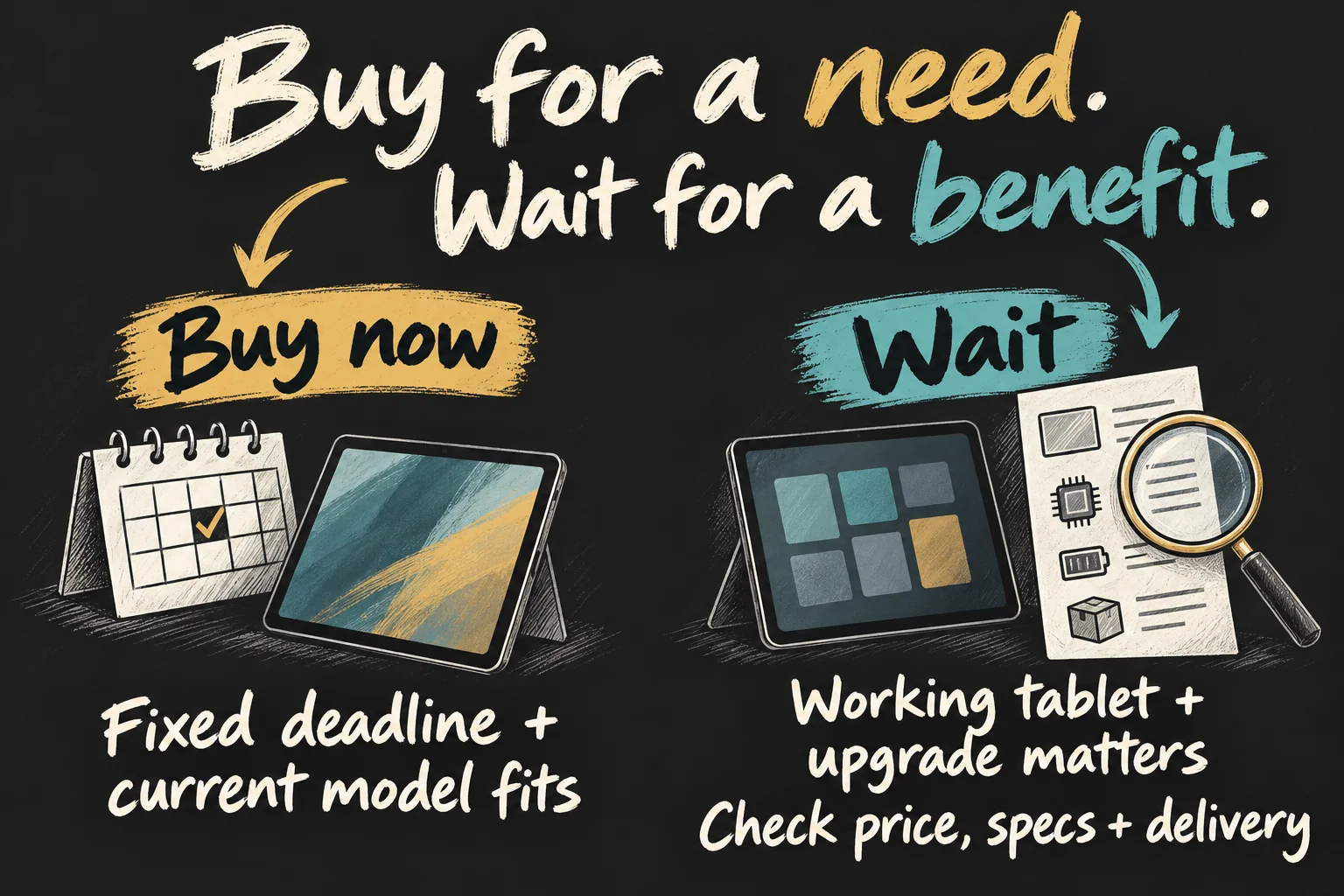 AI-generated buying guide contrasting a fixed deadline with waiting for a useful upgrade, and checking price, specifications and delivery before deciding.
