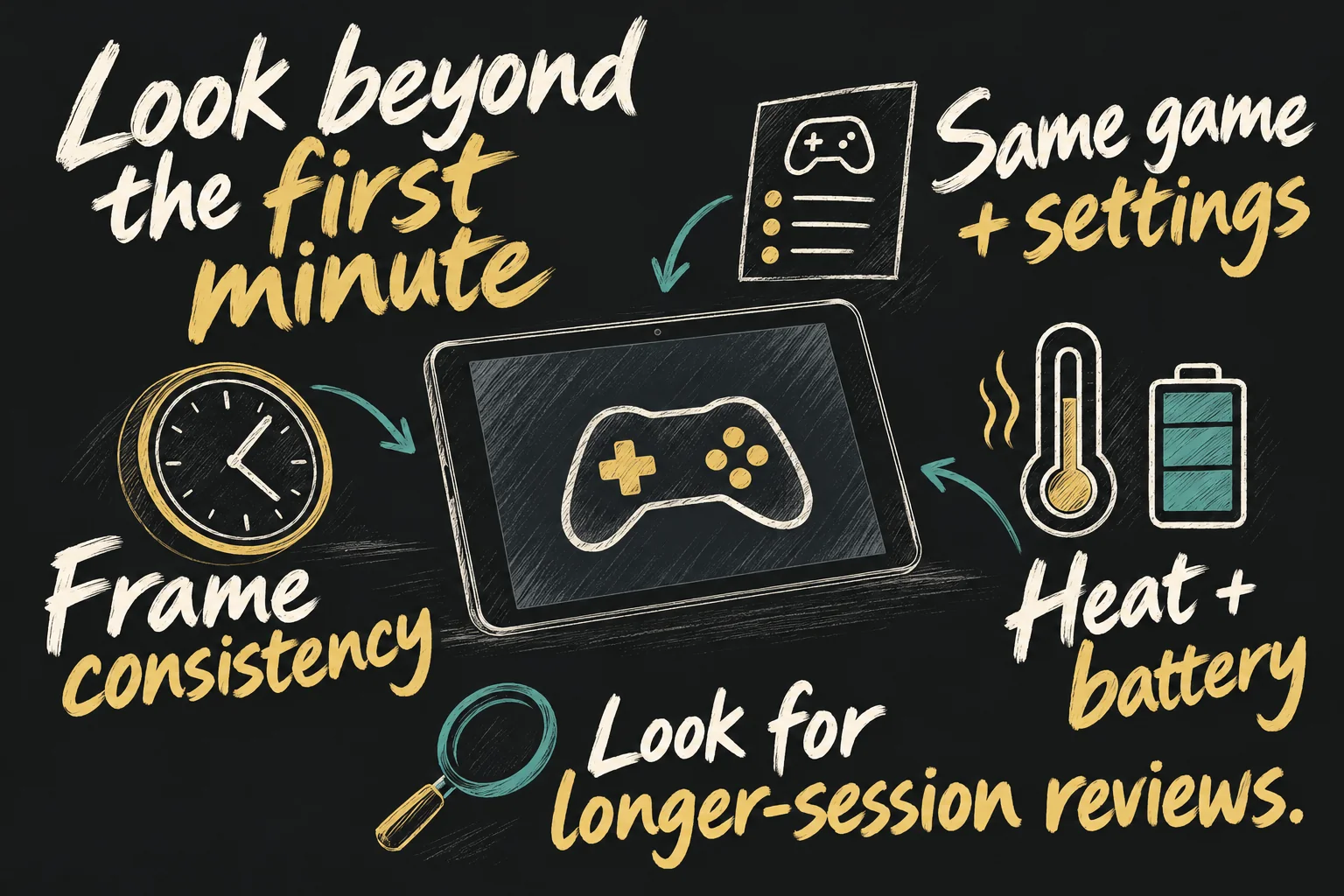 AI-generated gaming review checklist highlighting the same game and settings, frame consistency, heat and battery over a longer session rather than the first minute.