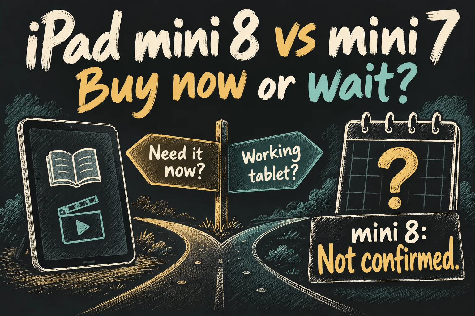 AI-generated iPad mini 8 versus mini 7 buying concept contrasting an immediate need with keeping a working tablet, with the next model marked not confirmed.