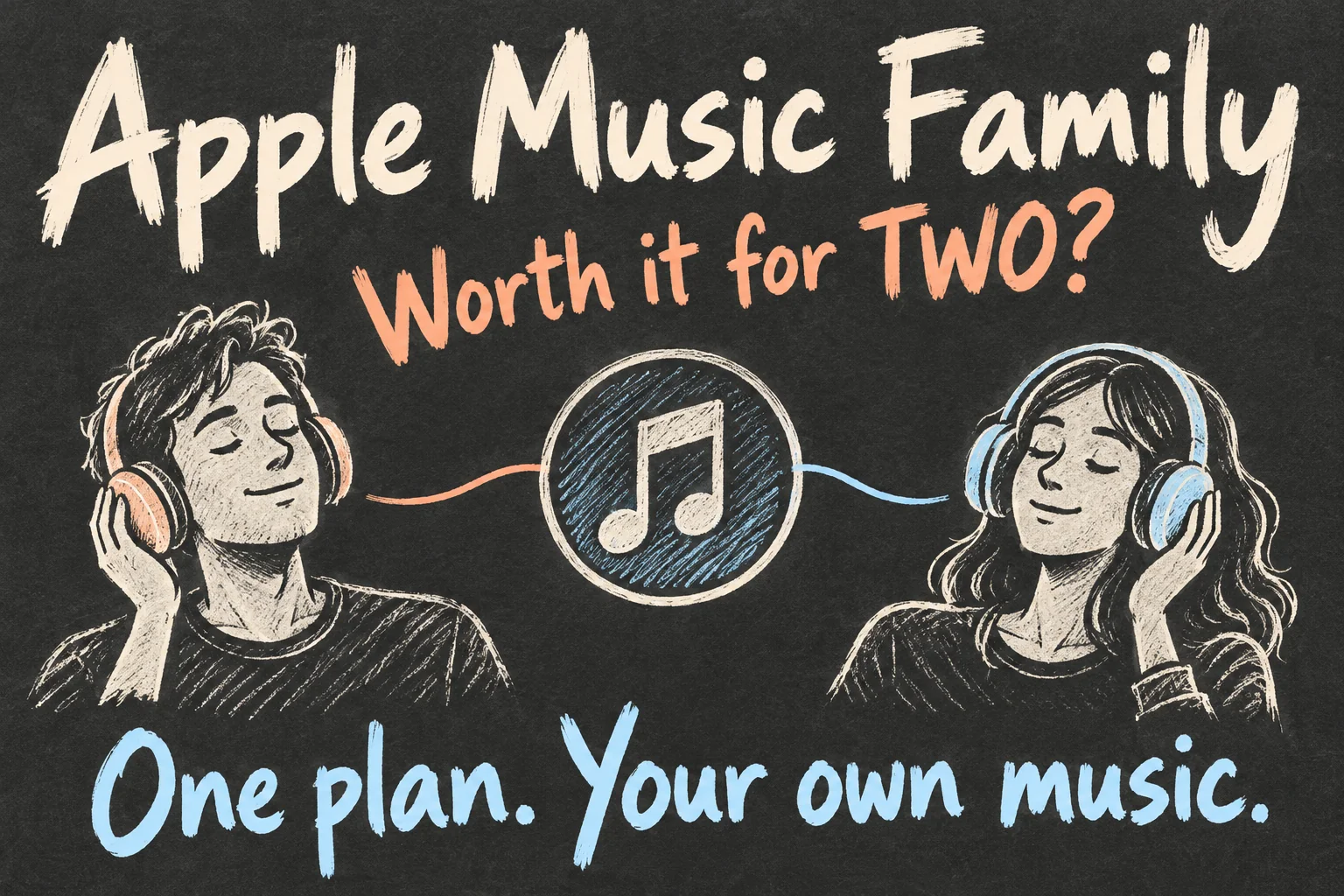 AI-generated sketch of two listeners sharing Apple Music Family access while keeping their own music accounts.