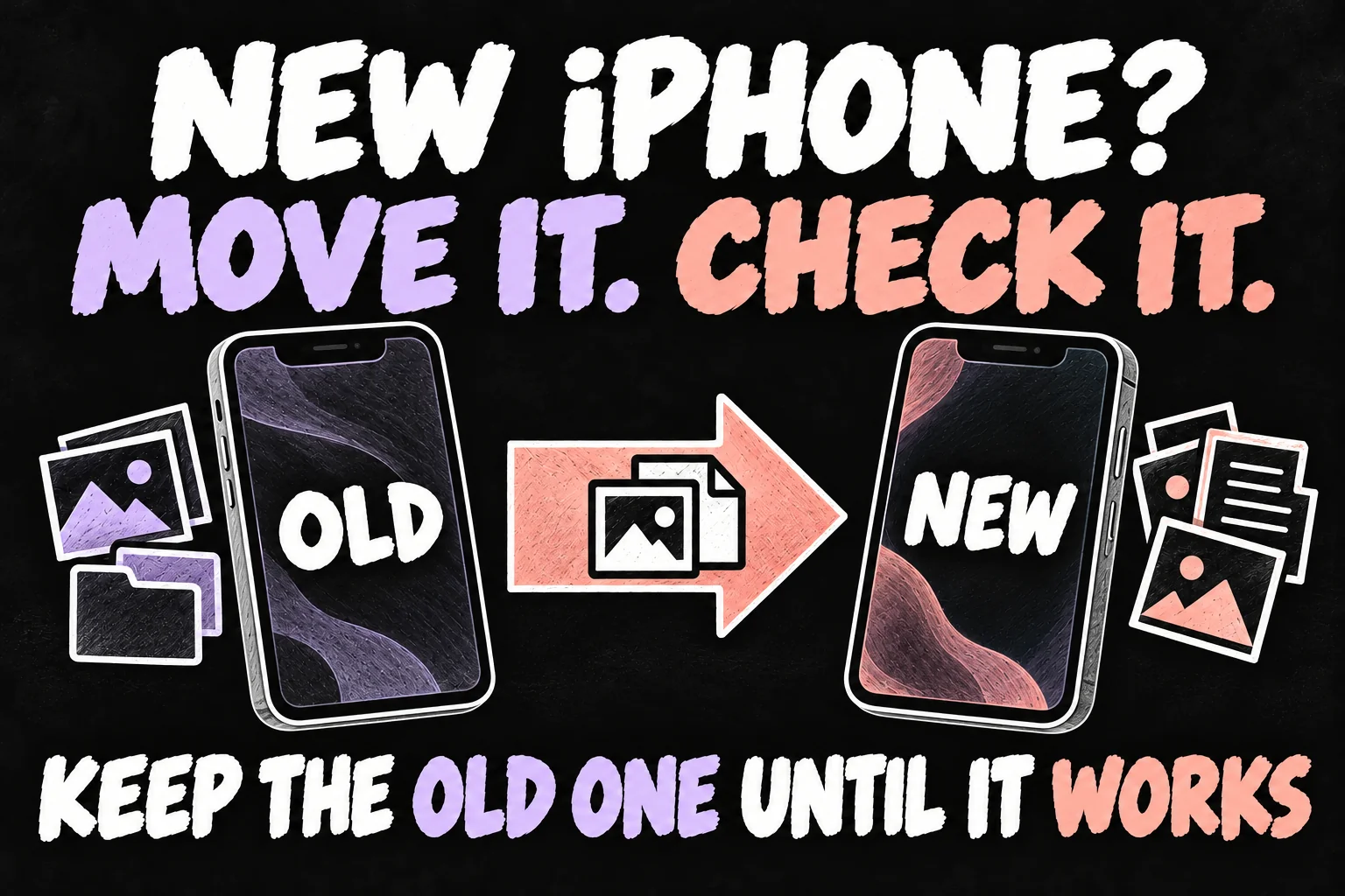 Transfer data to a new iPhone concept showing an old phone, a new phone and a directional transfer arrow