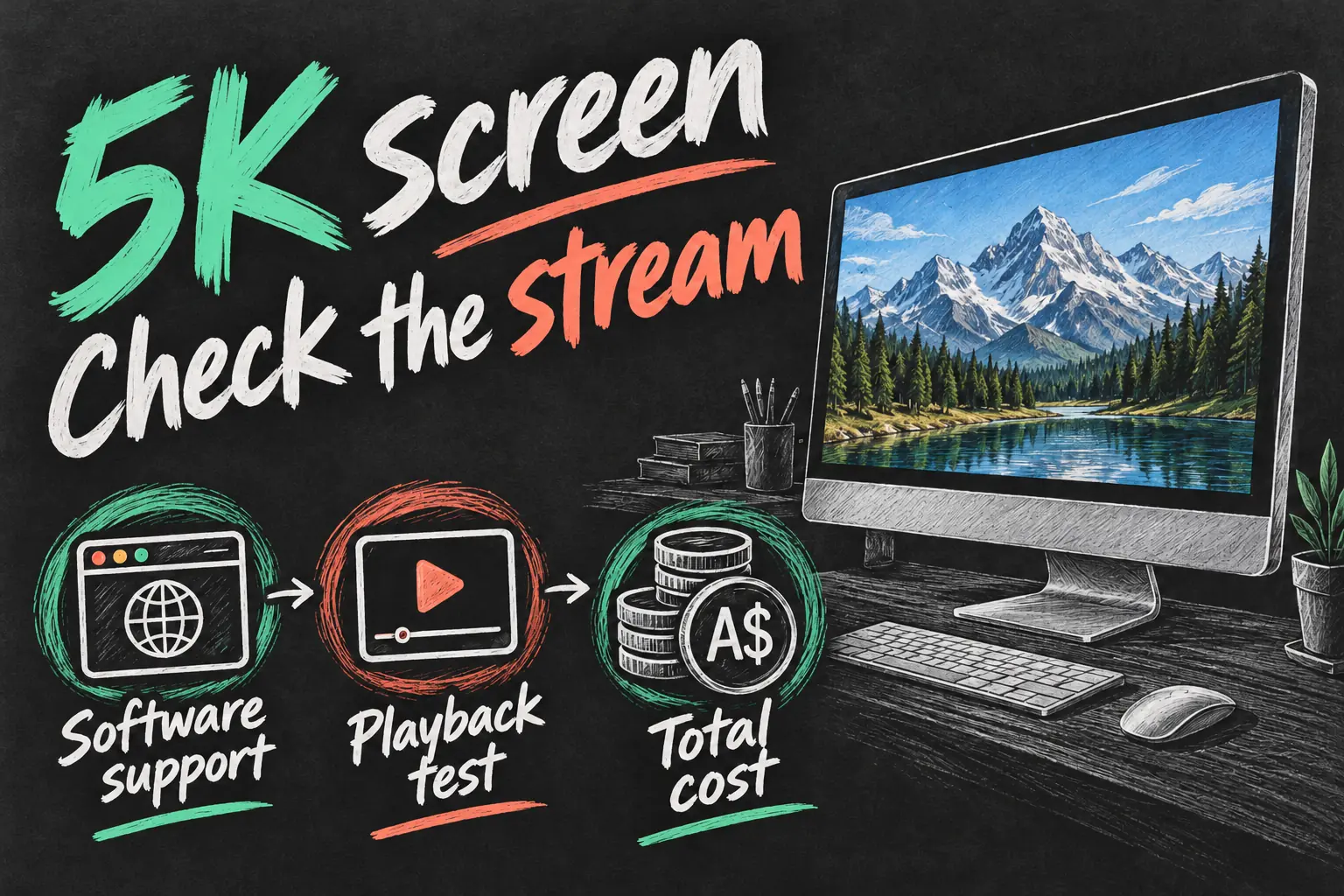 Old iMac for streaming checklist covering software support, playback testing and total cost beside a 5K screen