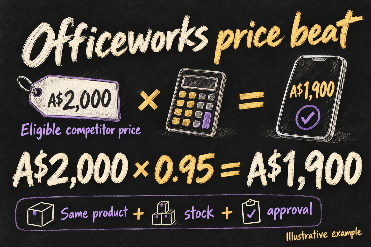 AI-generated illustrative Officeworks price beat calculation showing A$2,000 multiplied by 0.95 equals A$1,900, subject to product, stock and approval conditions.