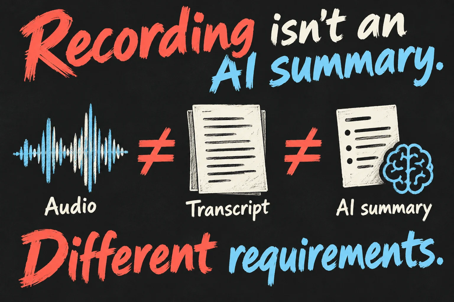 Audio, transcript and AI summary illustrated as separate call recording outputs with different requirements