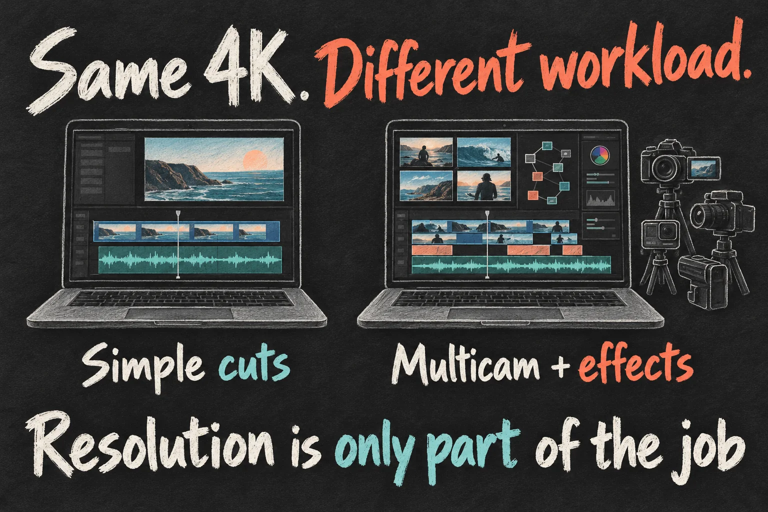 AI-generated diagram comparing simple 4K video cuts with multicamera footage and effects, illustrating that resolution alone does not define workload.