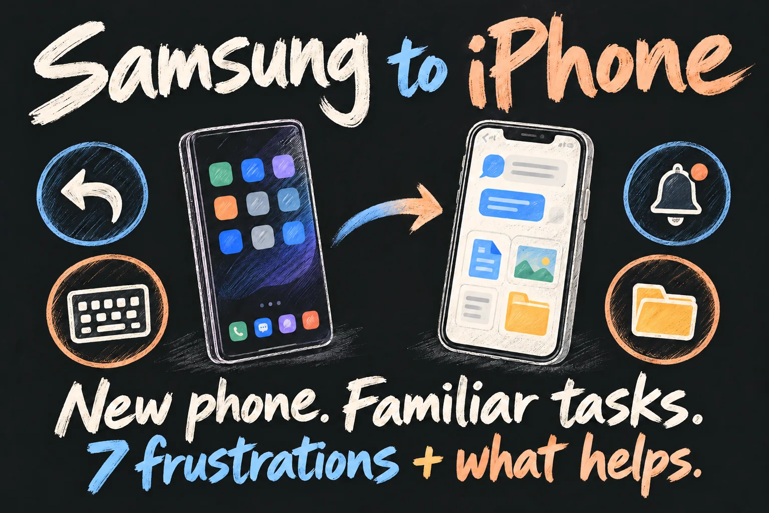 AI-generated Samsung to iPhone transition sketch using generic phones and navigation, keyboard, notification and file icons to illustrate restoring familiar tasks.