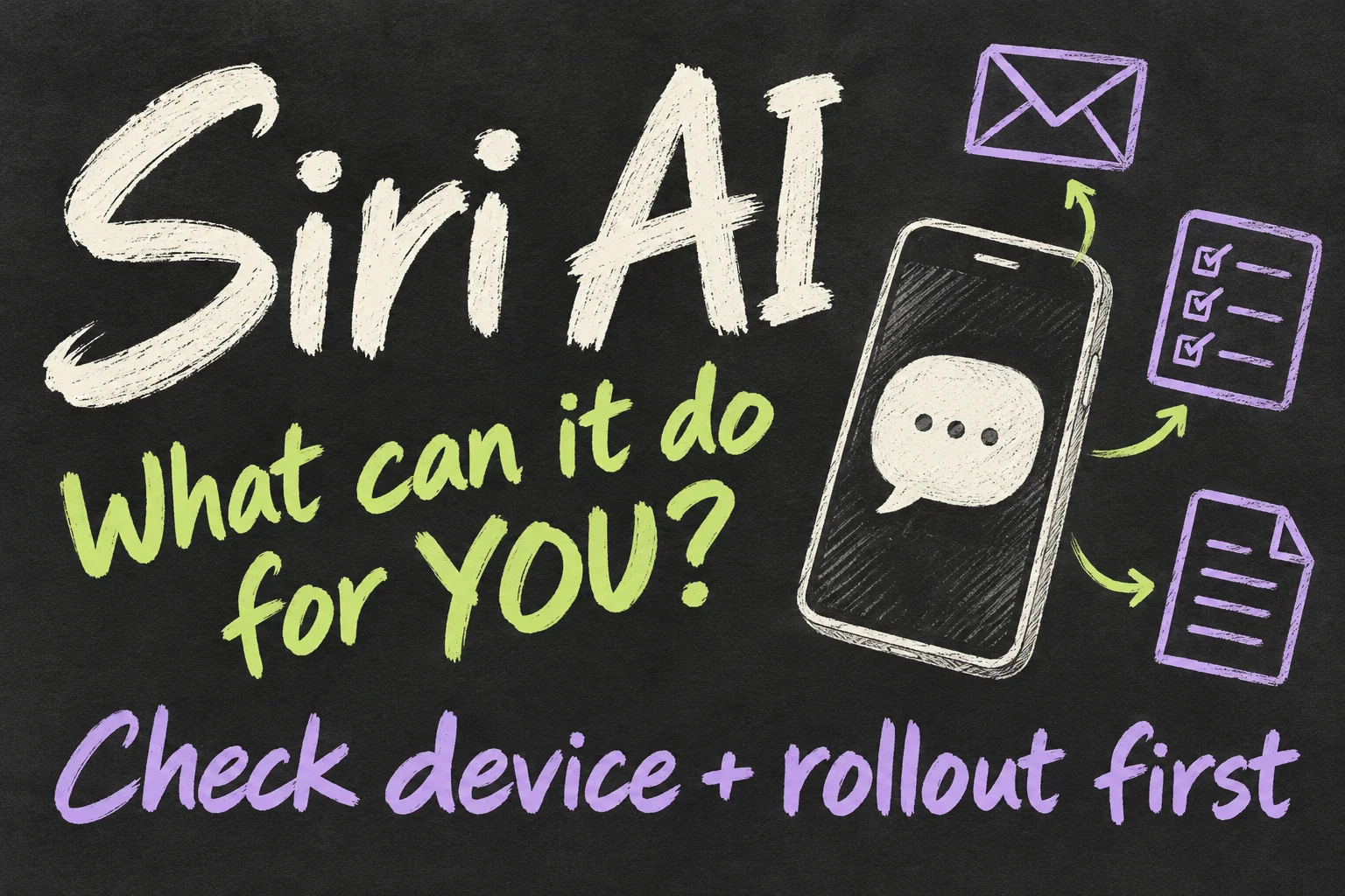 AI-generated Siri AI concept sketch showing email, lists and drafts, with device eligibility and rollout as the first checks.