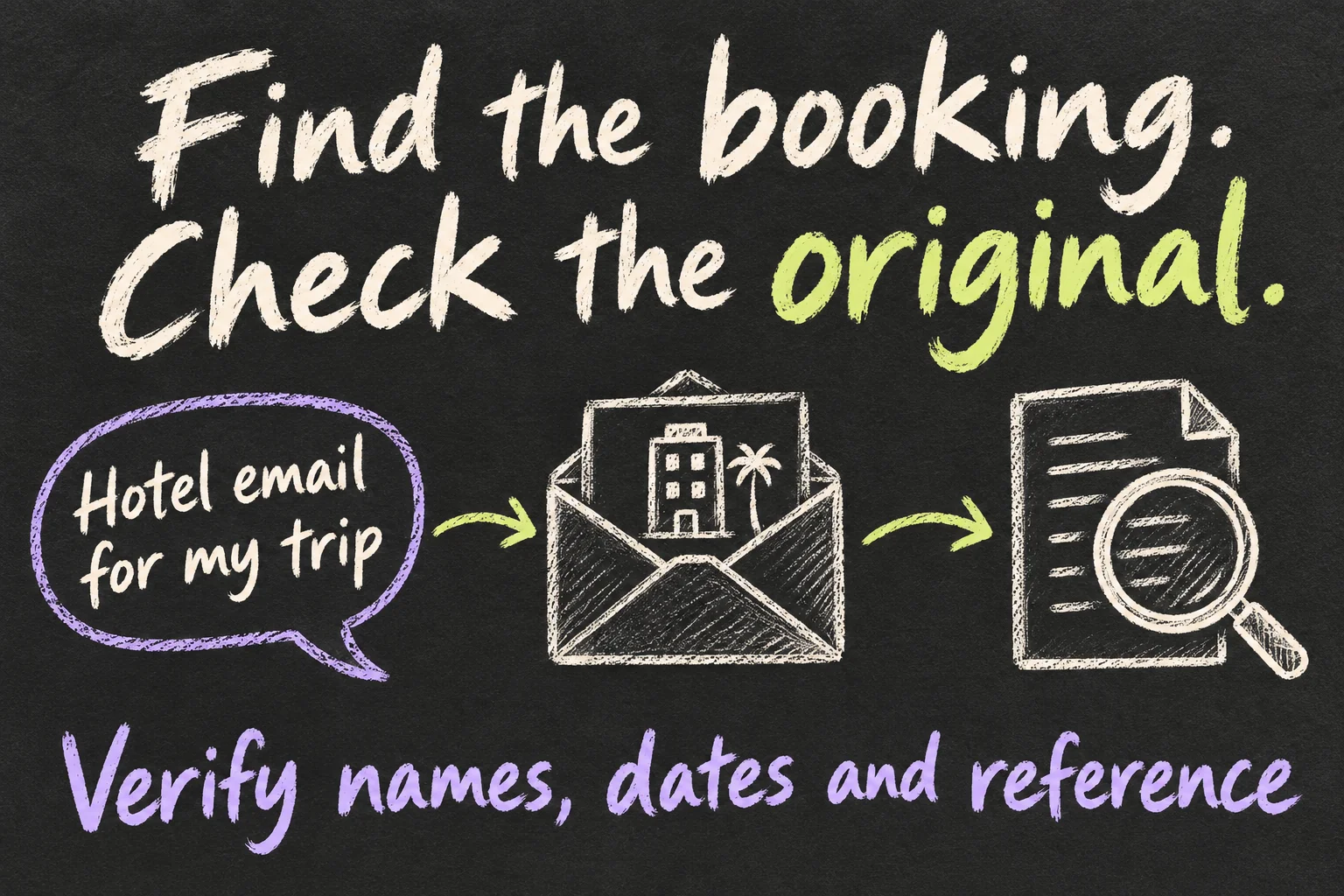 AI-generated personal-context sketch illustrating finding a hotel booking email and verifying names, dates and the reference in the original message.