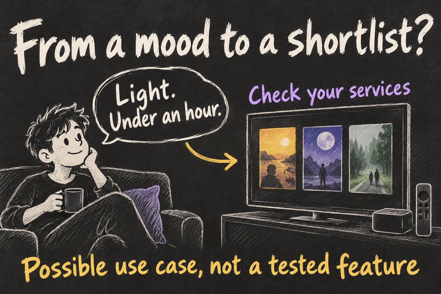 AI-generated conceptual sketch of describing a viewing preference to produce a shortlist, labelled as a possible use case rather than a tested feature.