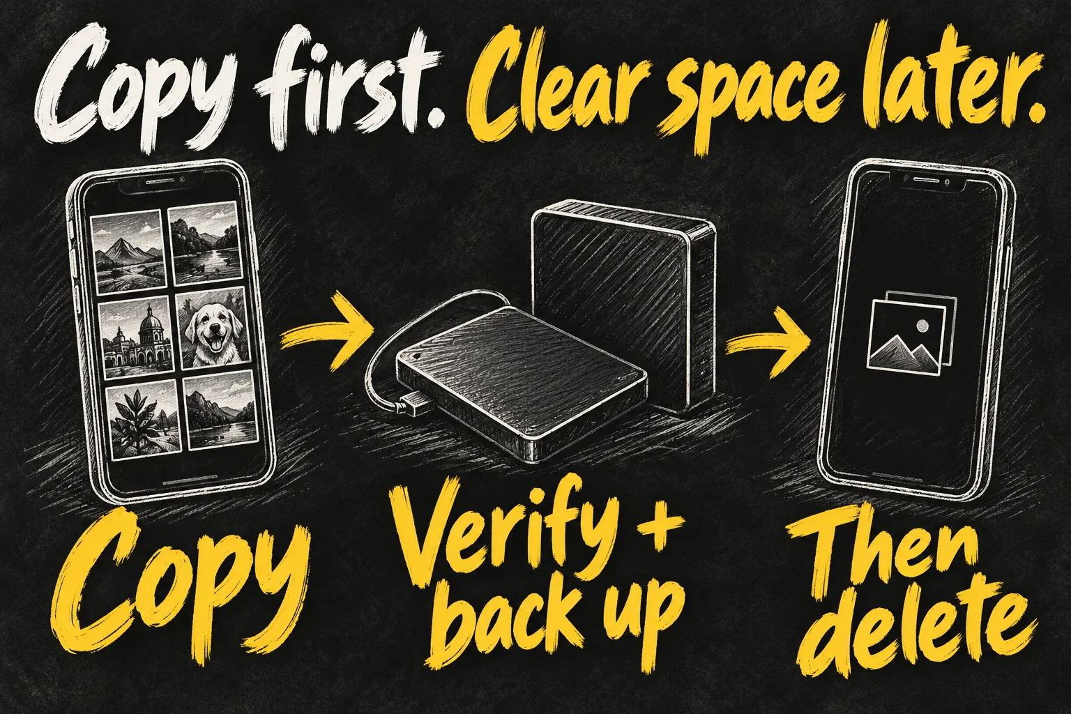 Copy iPhone photos to an external SSD, verify them and create another backup before deleting phone originals