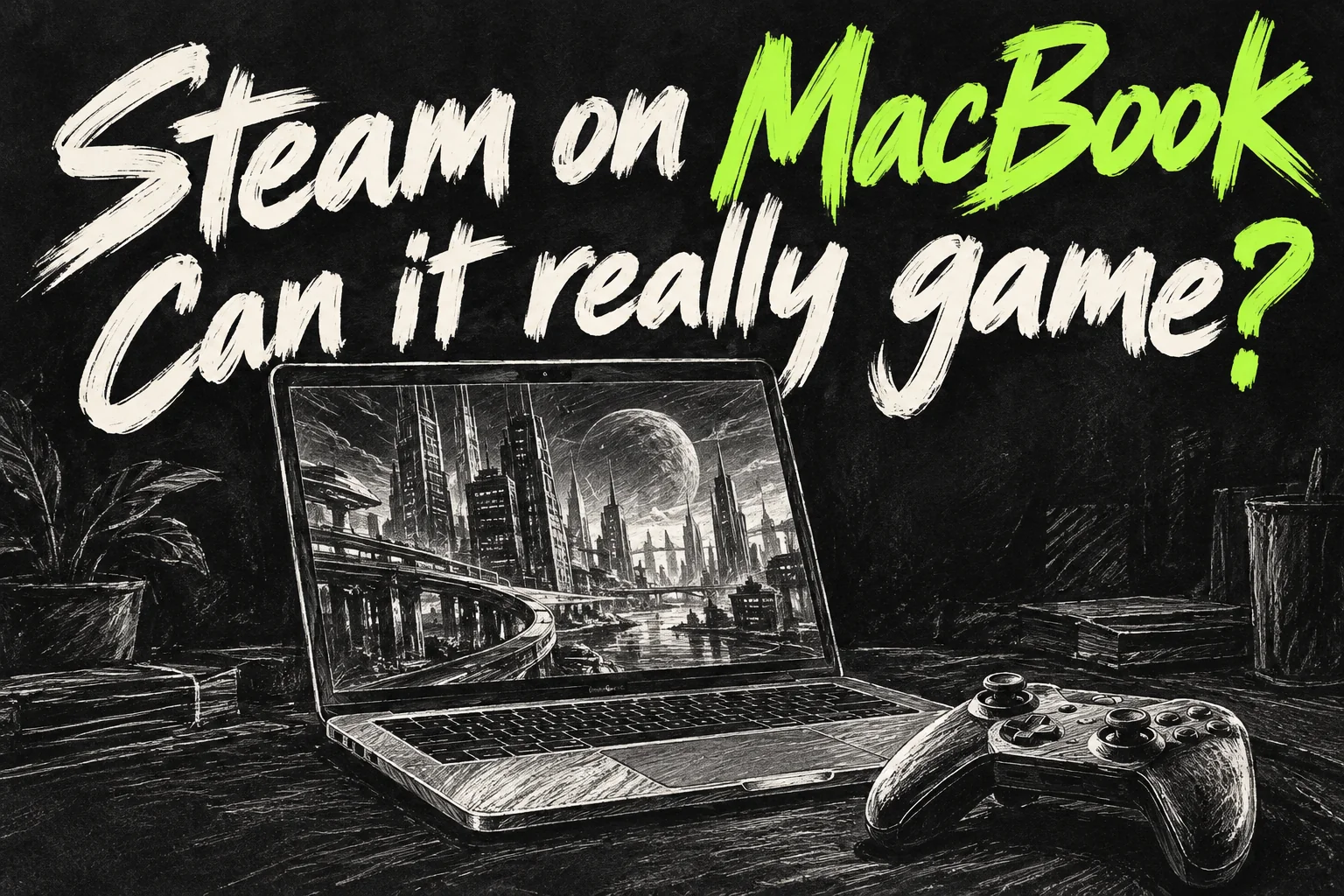Steam games on MacBook illustrated with a laptop, controller and imaginary futuristic city