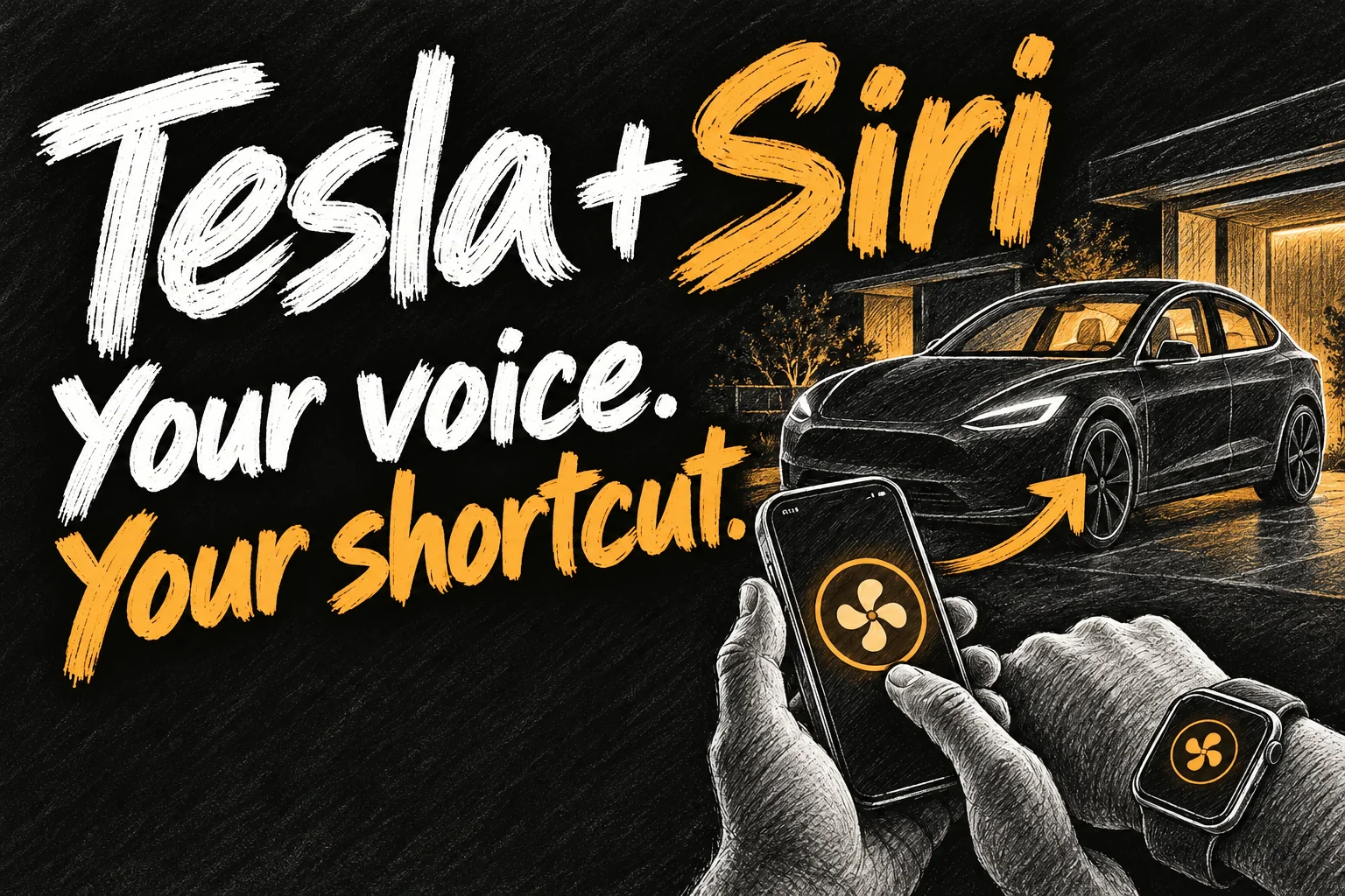 Tesla Siri shortcuts concept with an iPhone, Apple Watch and parked electric car