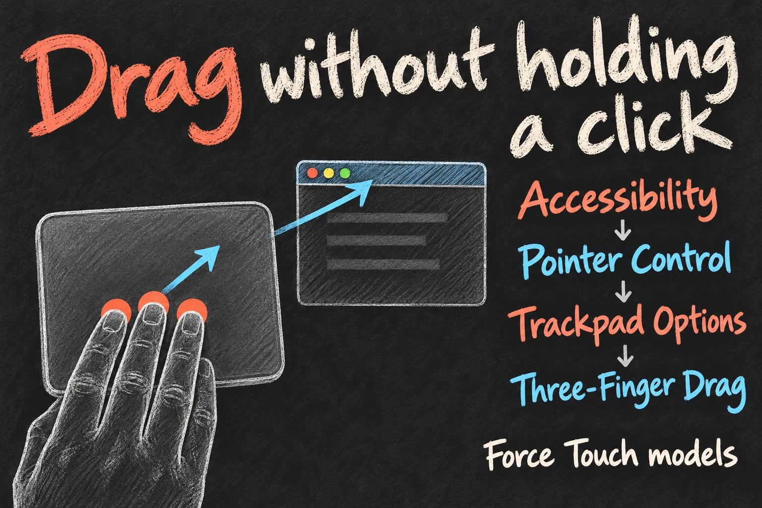 Three-finger drag concept showing three contact points moving a window and the Accessibility settings path