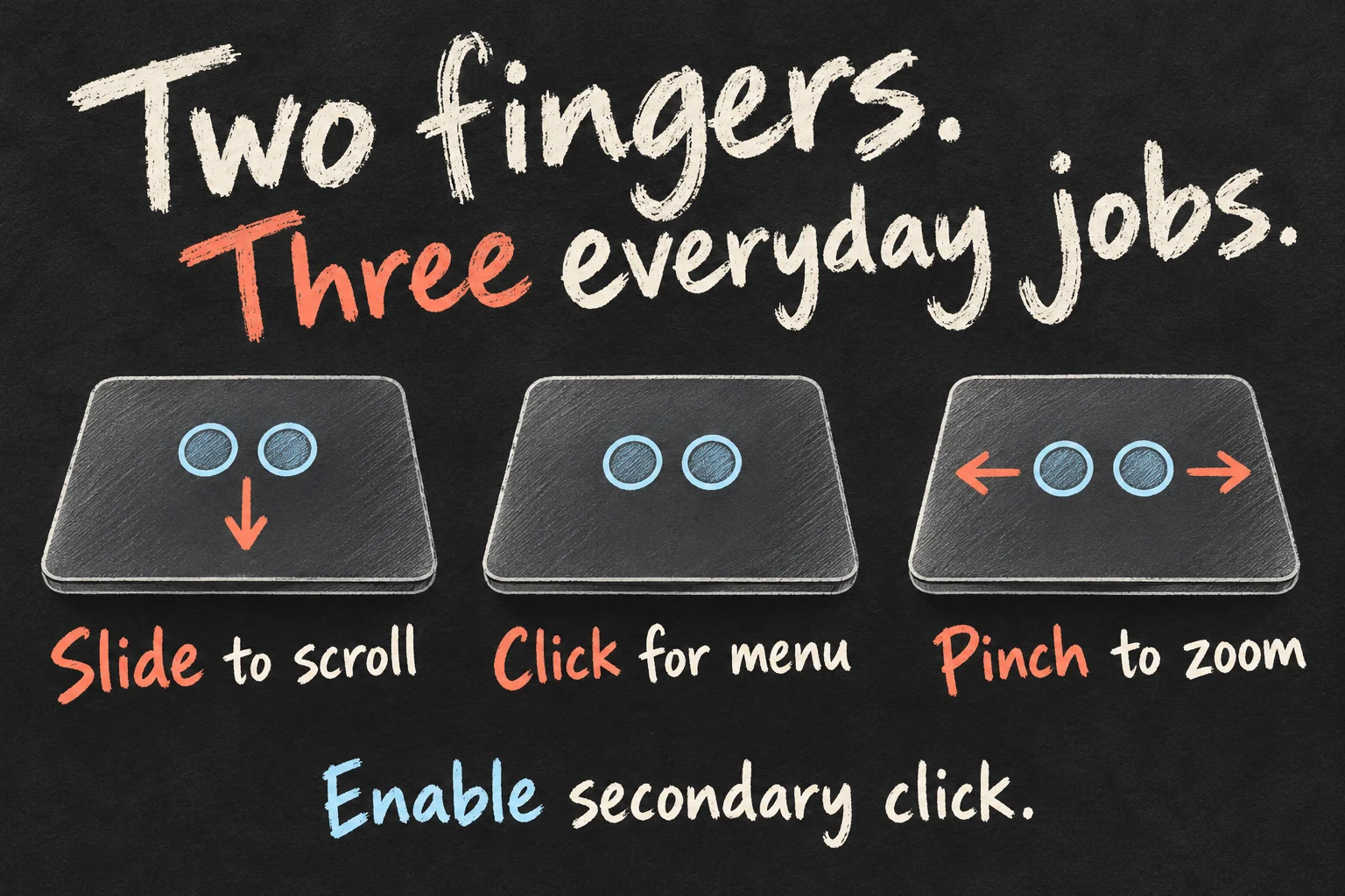 Magic Trackpad gestures diagram showing two contact points for scrolling, a secondary click and pinch zoom