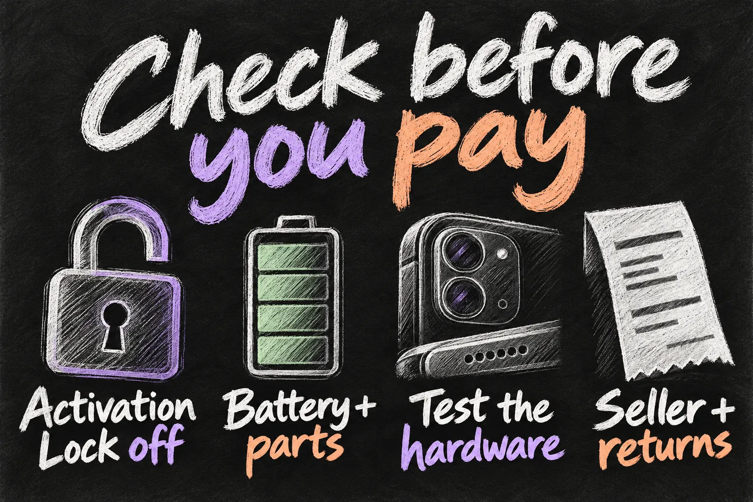 Used iPhone inspection checklist showing Activation Lock, battery and parts, hardware tests and seller returns